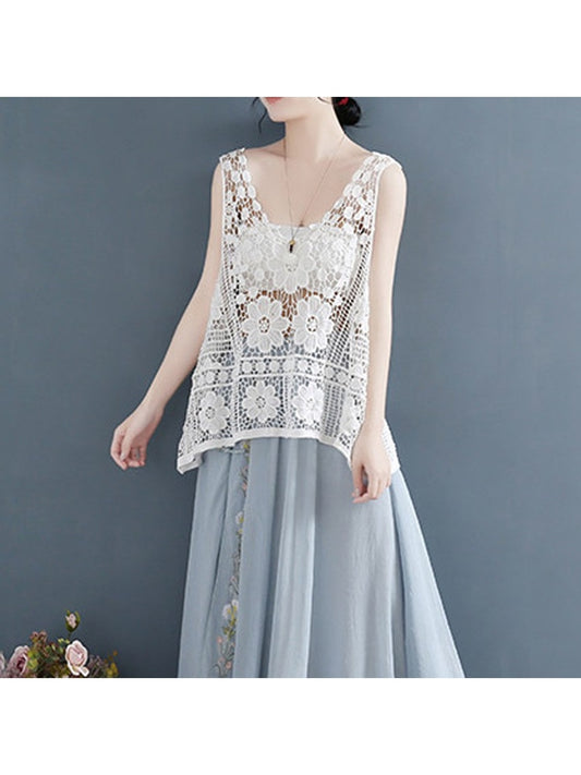 Crosa - Elegant Lace Hollow Out Sleeveless Vest