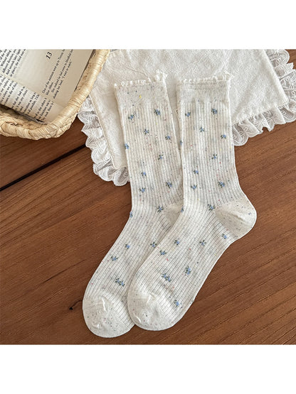Rufia - Floral Pattern Ribbed Crew Socks