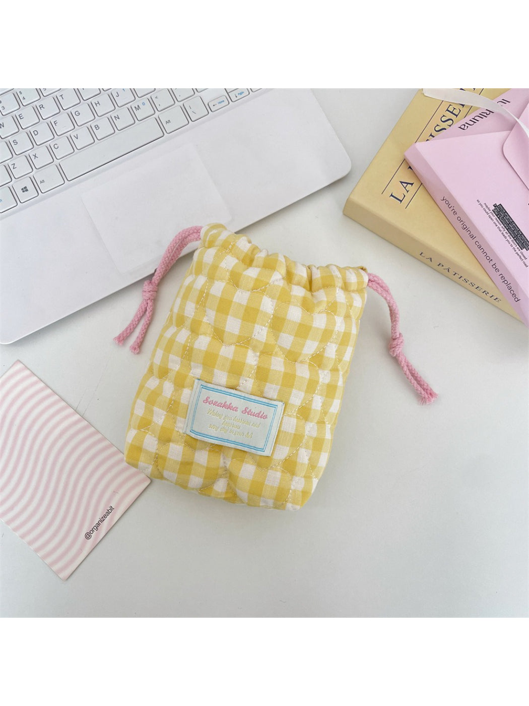 Cosbai - Gingham Padded Drawstring Pouch Bag
