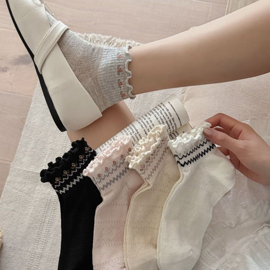 Rufia Sweet Frill Cuff Crew Socks in white with delicate frill cuff detail