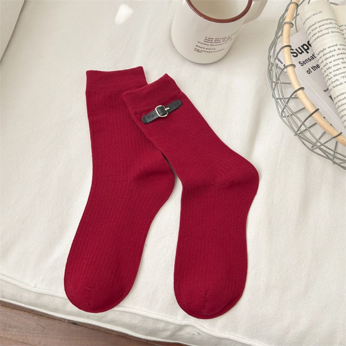 Rufia - Red Decorative Mid-Calf Socks