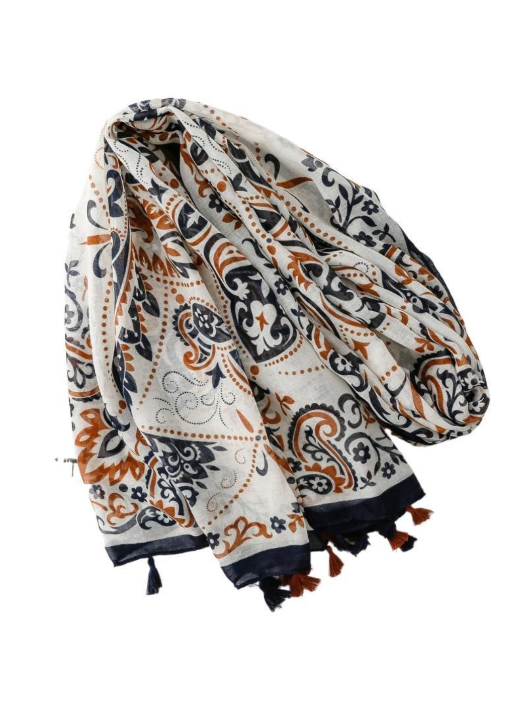 Scarvii ornate paisley scarf styled with outfit, tassels visible at edges