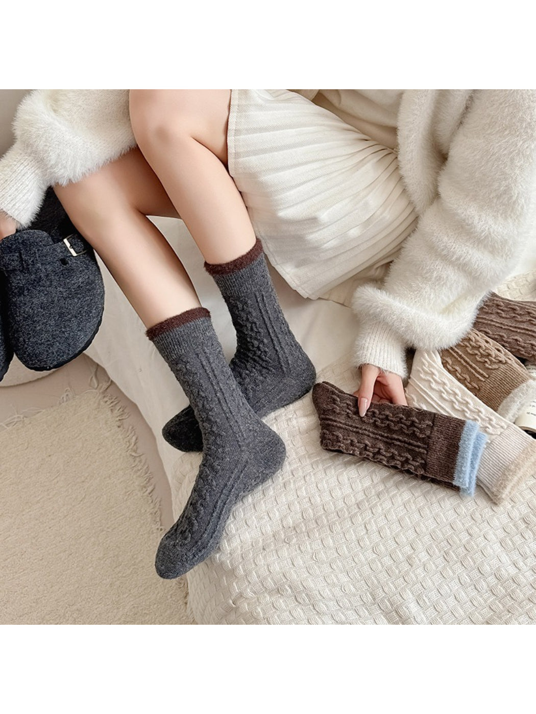 Rufia - Fuzzy Lined Cable Knit Crew Socks