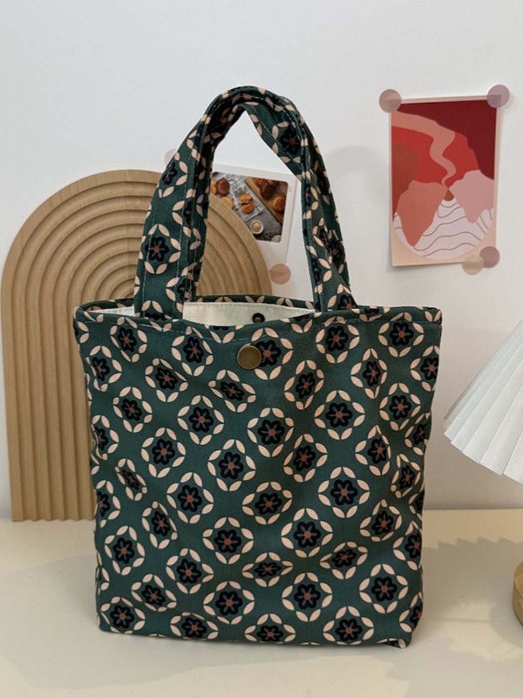 Cosbai - Vintage Canvas Tote Bag with Green Quilted Print