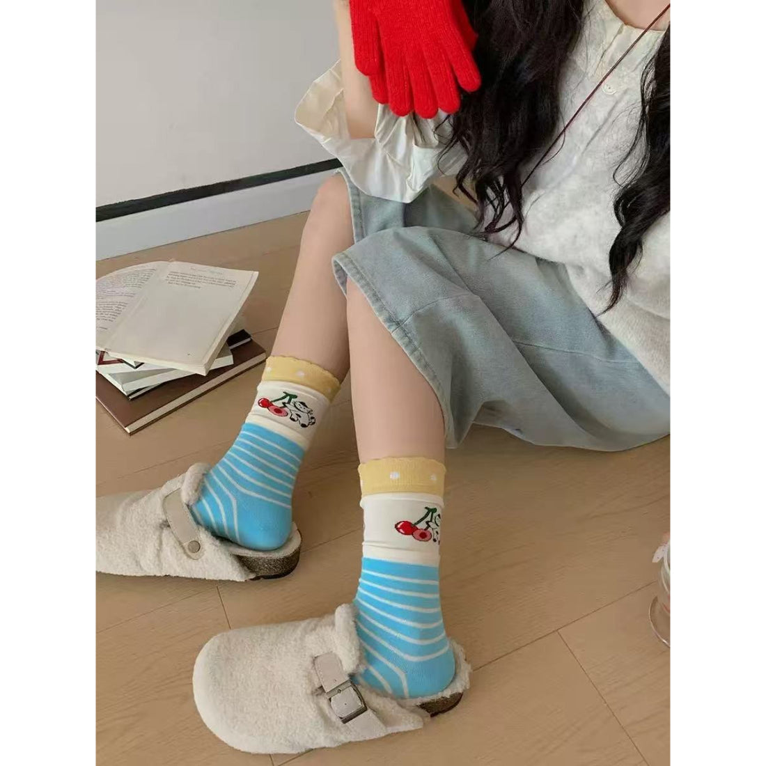 Side view of Rufia Dog Cat Stripe Crew Socks displaying stripe and animal motifs