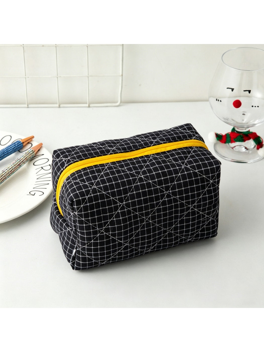 Cosbai - Color Block Plaid Cosmetic Organizer Bag