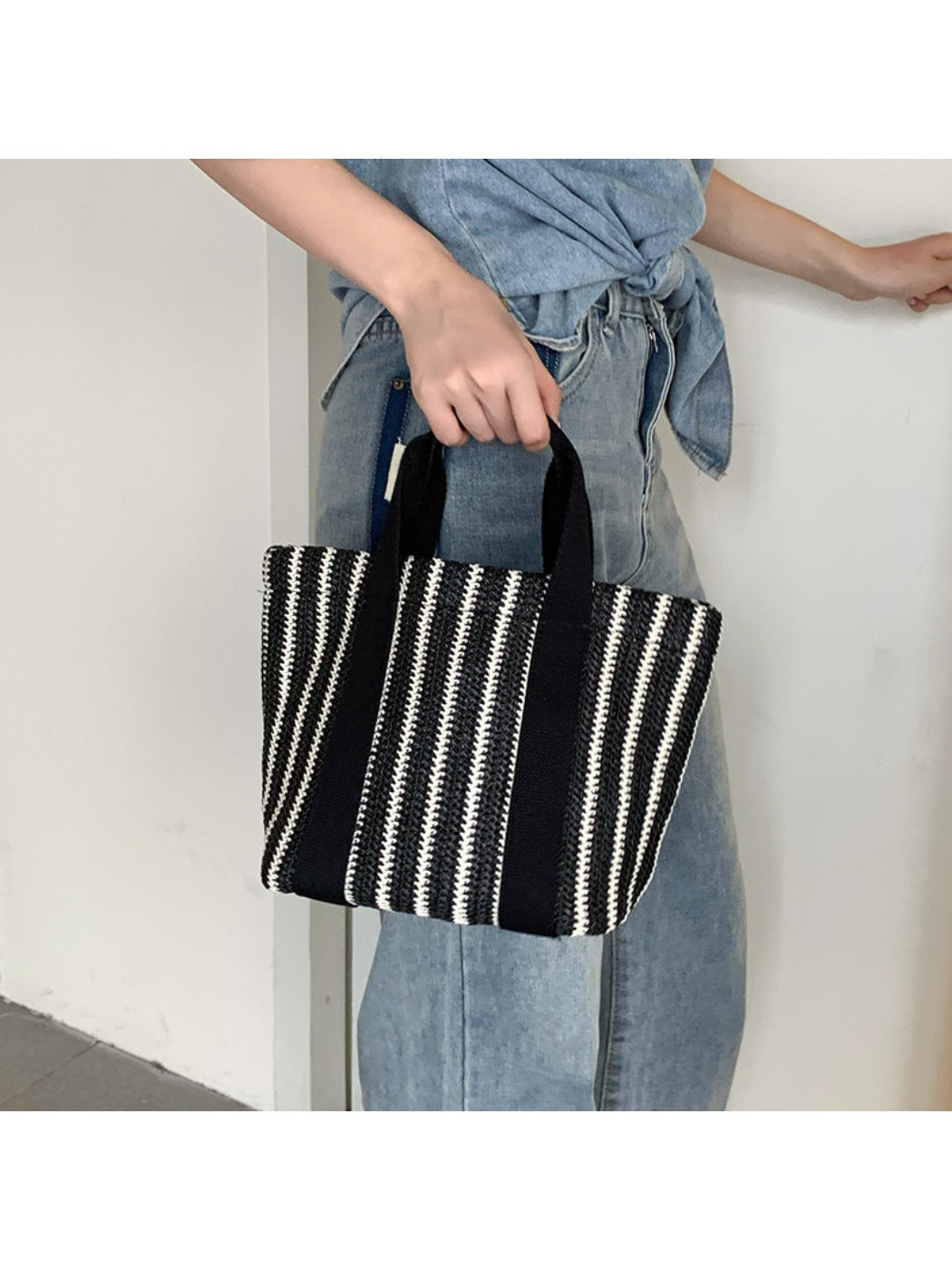 Cosbai - Striped Woven Tote & Handbag