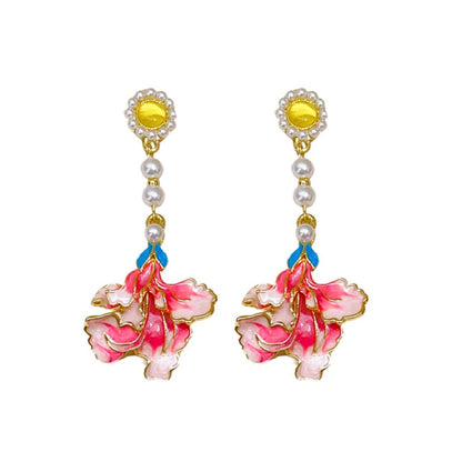 Earwish - Vintage Pink Floral Long Earrings With Beads