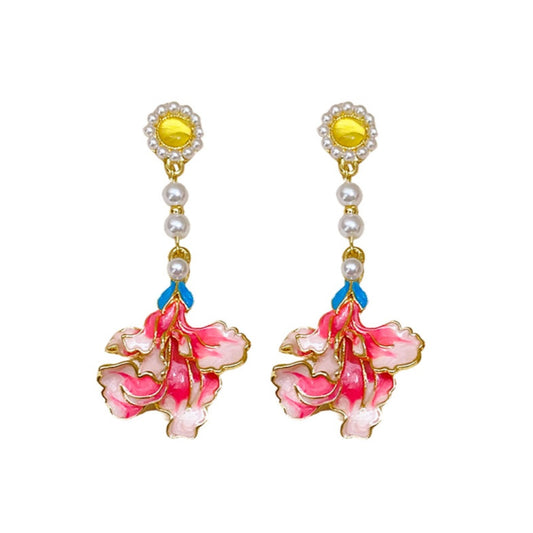 Earwish - Vintage Pink Floral Long Earrings With Beads