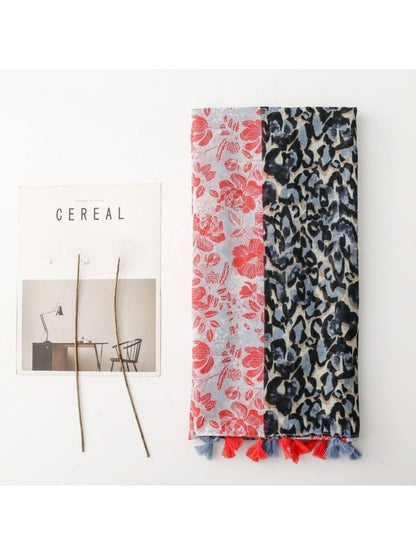 Scarvii - Floral Leopard Print Tassel Wrap Scarf