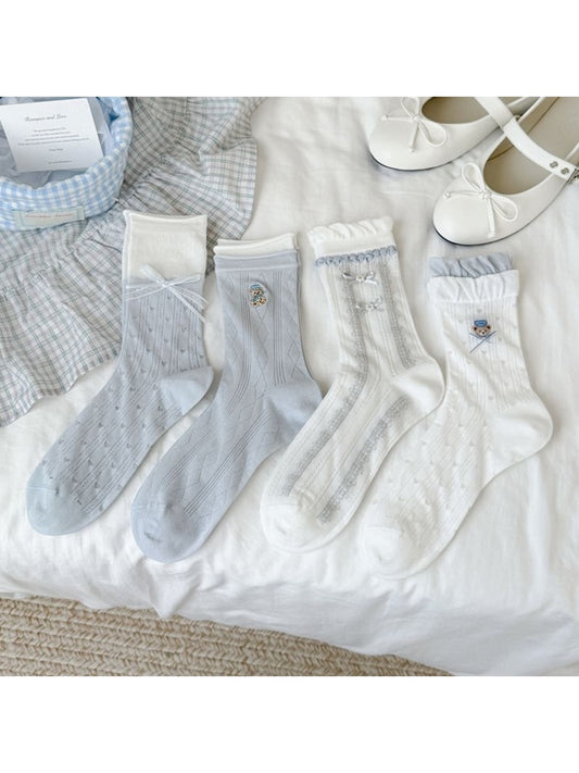 Rufia - Decorative Bow and Bear Pattern Crew Socks
