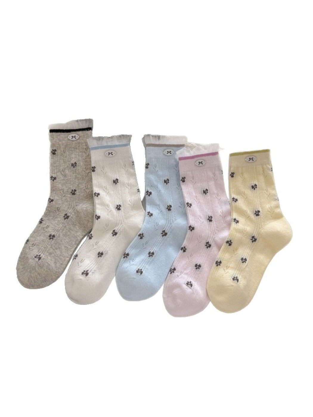 Rufia - Sweet Floral Print Bow Detail Crew Socks