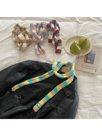 Scarvii - Multicolor Stripe Fuzzy Skinny Knit Scarf