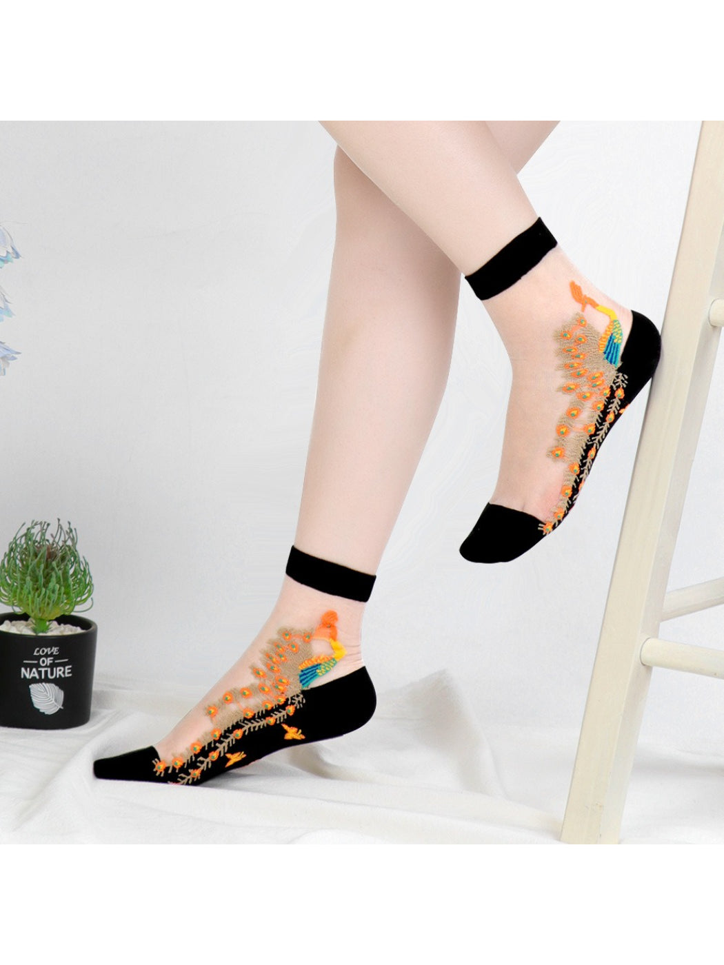 Rufia - Sheer Peacock Embroidery Socks
