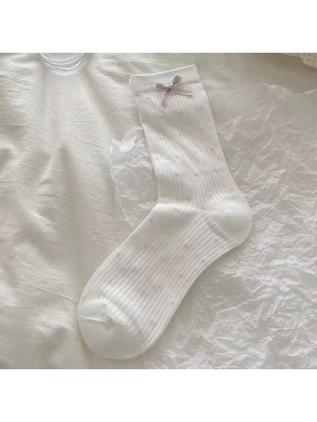 Rufia Romantic Bow Texture crew socks folded to show bow accent and knit pattern