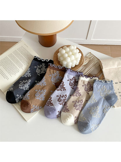 Rufia - Muted Floral Ruffle Trim Ankle Socks