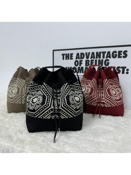 Cosbai - Knitted Shoulder Bag with Retro Style Featuring Drawstrings