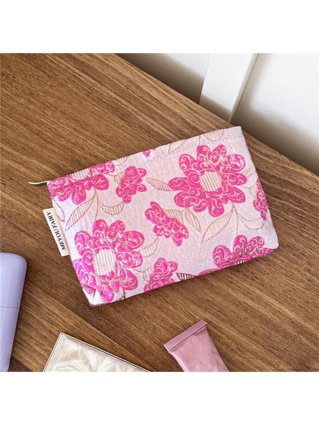 Cosbai - Raised Floral Zipper Makeup Bag