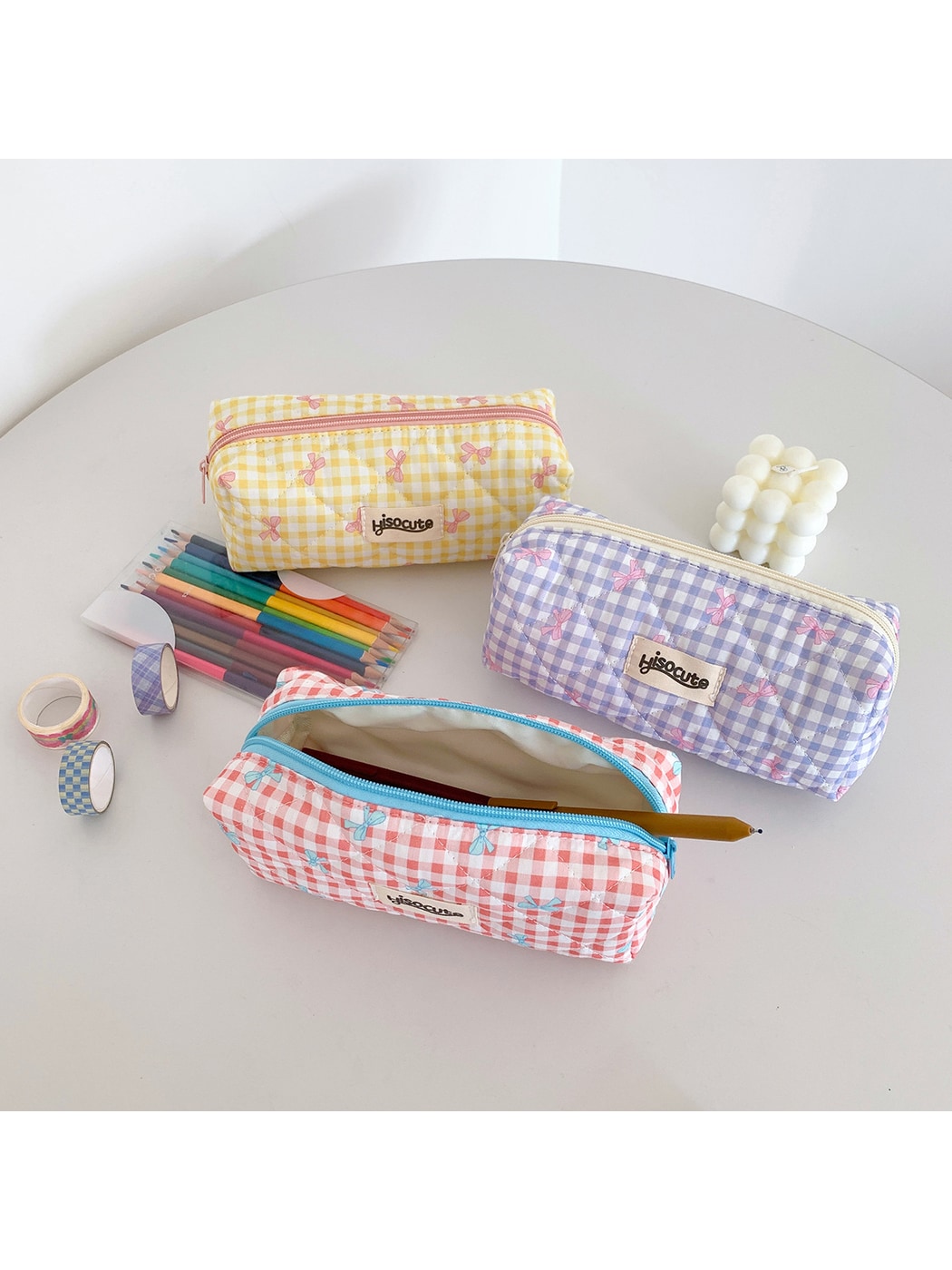 Cosbai - Plaid Bow Print Zipper Makeup Pouch Bag