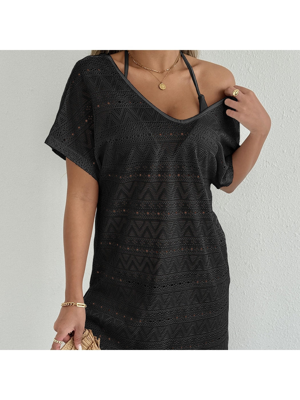 Crosa - Deep V Neck Side Slit Cover Up Dress