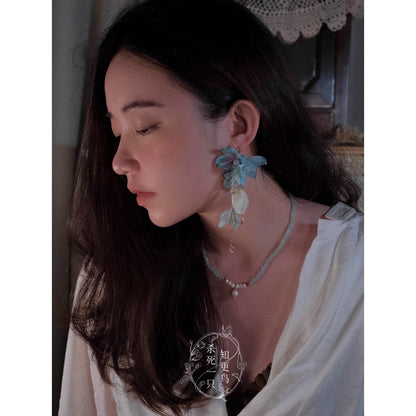 Earwish - Elegant Ocean Blue Floral Long Fringe Earrings