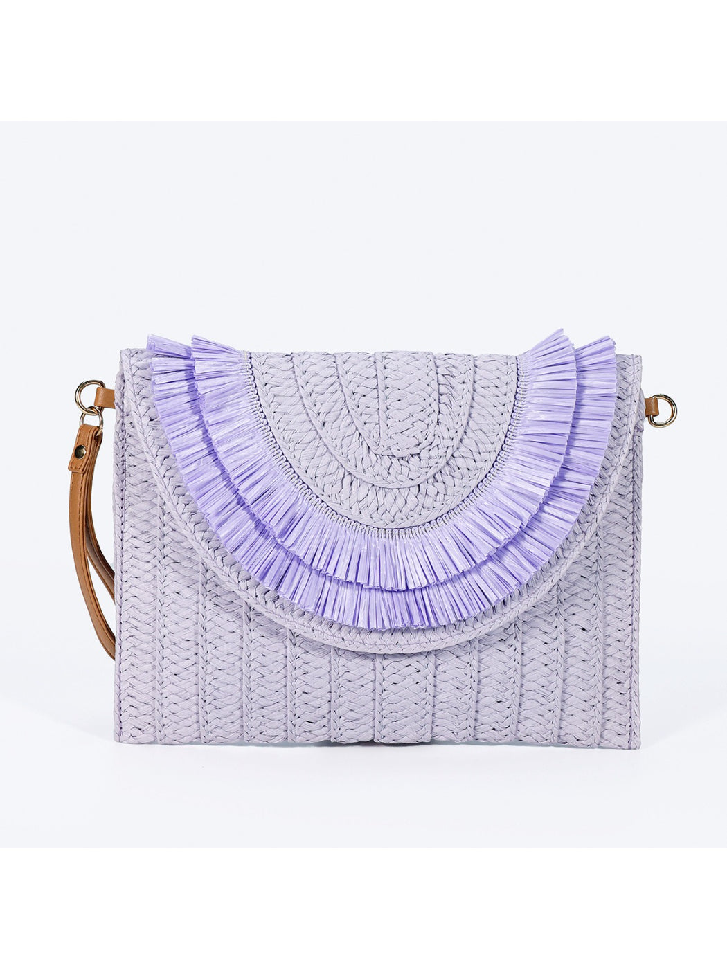 Cosbai woven tassel clutch bag angled to show front and side details