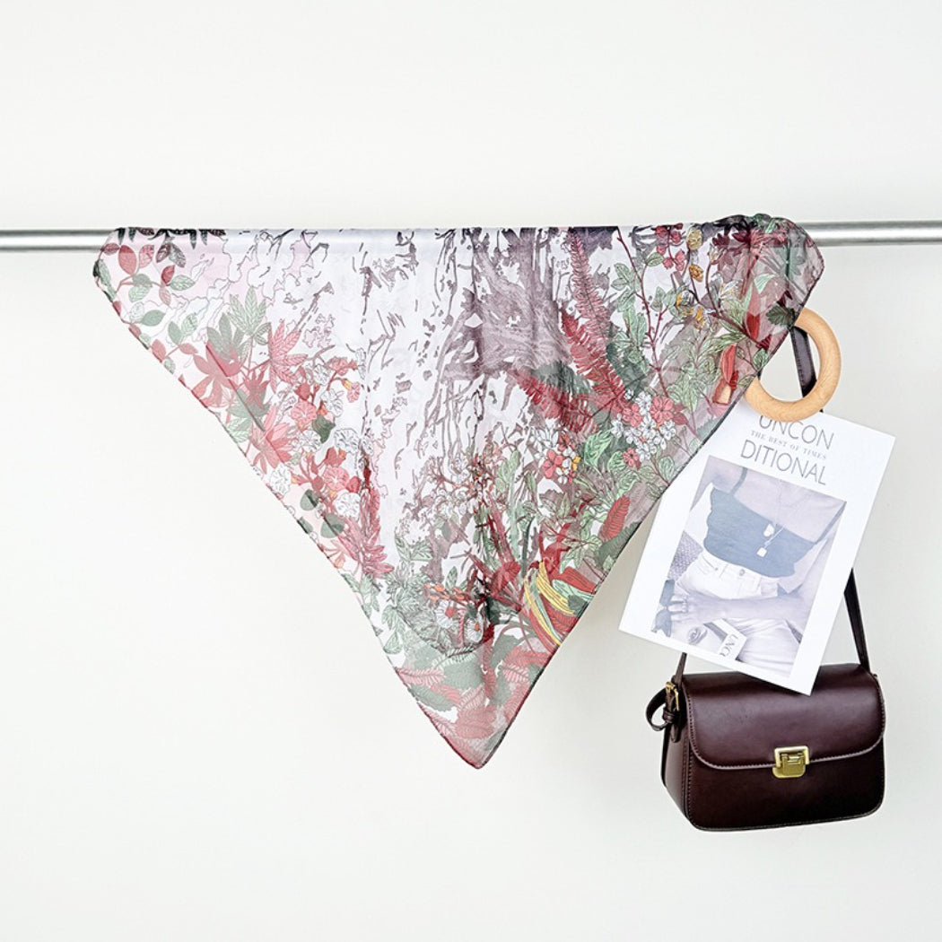 Scarvii Botanical Scene Square Scarf displayed with matching outfit emphasizing botanical theme