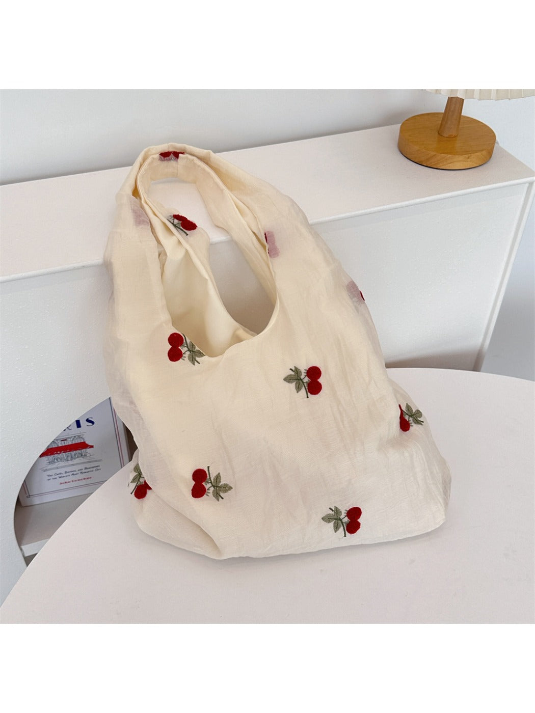 Cosbai – Cherry & Bow Embroidered Sheer-Outer Tote Bag
