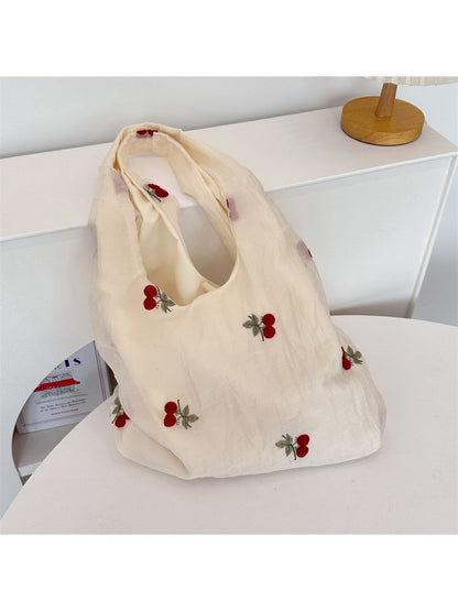 Cosbai – Cherry & Bow Embroidered Sheer-Outer Tote Bag