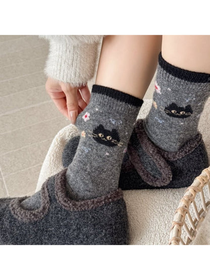 Rufia - Cat and Floral Knit Crew Socks