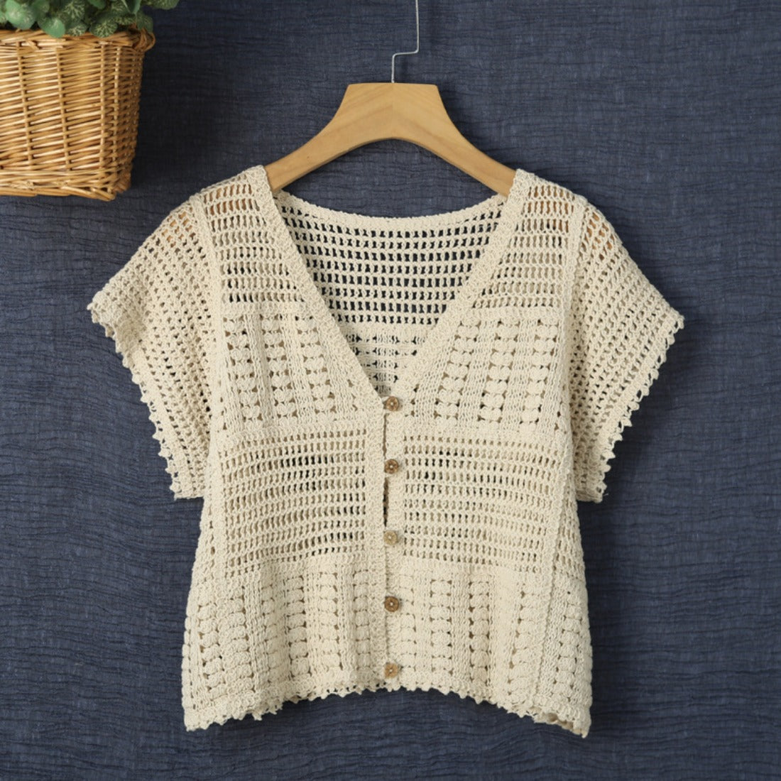 Crosa - Hollow-Out Knit Short-Sleeve Cardigan