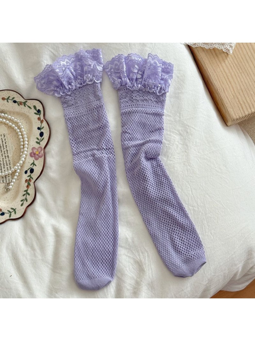 Rufia - Decorative Lace Edge Sheer Mesh Mid-calf Socks