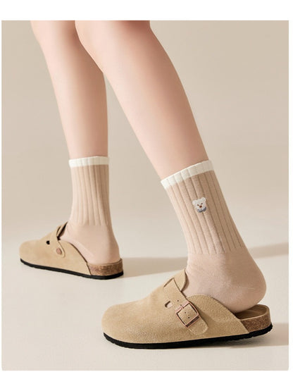 Rufia - Embroidered Bear Ribbed Crew Socks