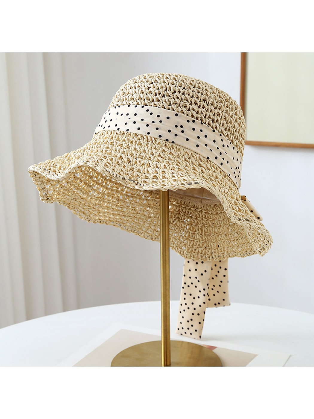 Haila - Polka Dot Bow Round Crown Women's Sun Hat