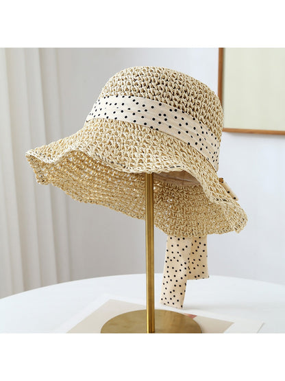 Haila - Polka Dot Bow Round Crown Women's Sun Hat
