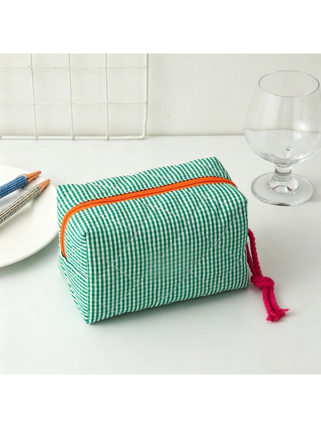 Cosbai - Color Block Plaid Cosmetic Organizer Bag