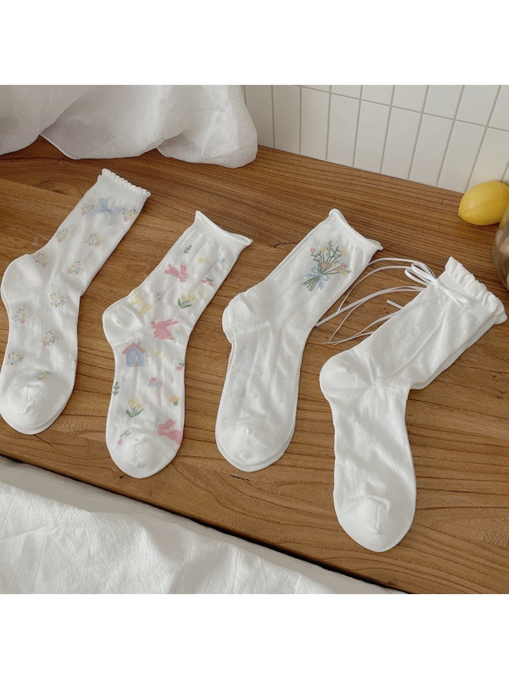 Rufia - Floral Crew Socks with Bow Accent