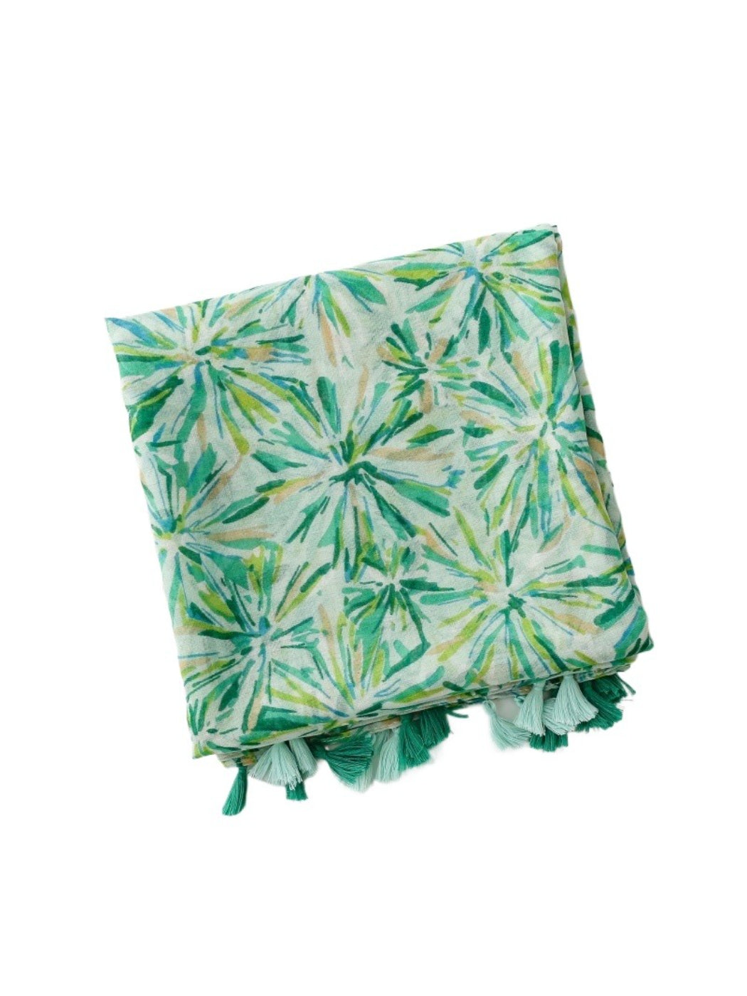 Close-up of green floral pattern and tassel detail on scarf