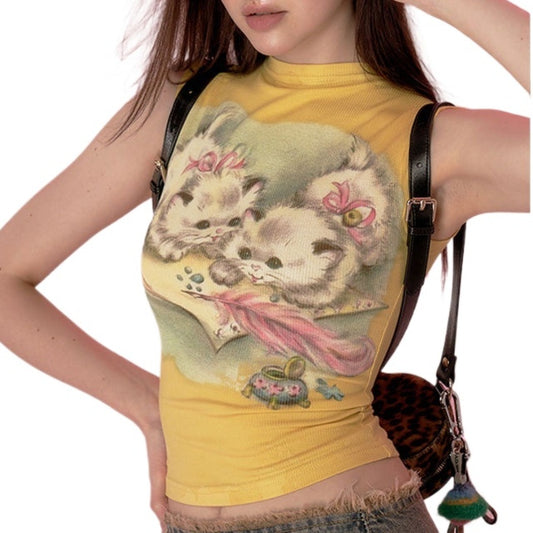 Vesty- Vintage Cat Short Tank Top - Yellow & Black