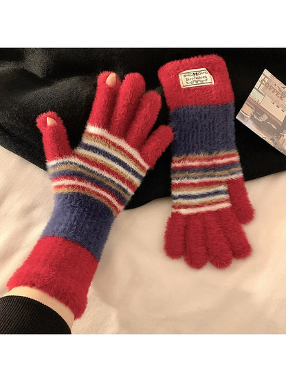 Gloving - Plush Stripe Finger-Opening Winter Gloves