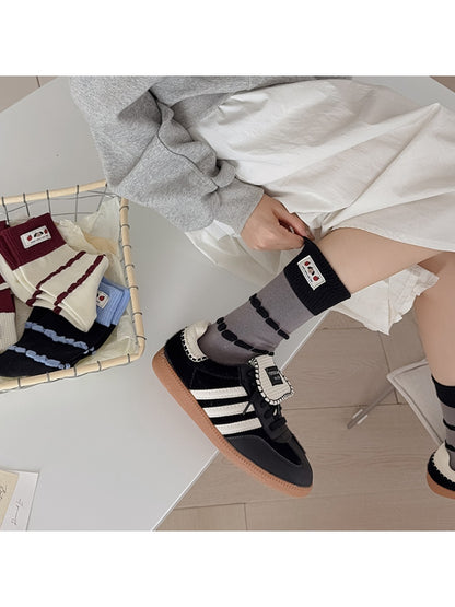 Rufia - Bubble Striped Mid-Calf Socks with Cartoon Label