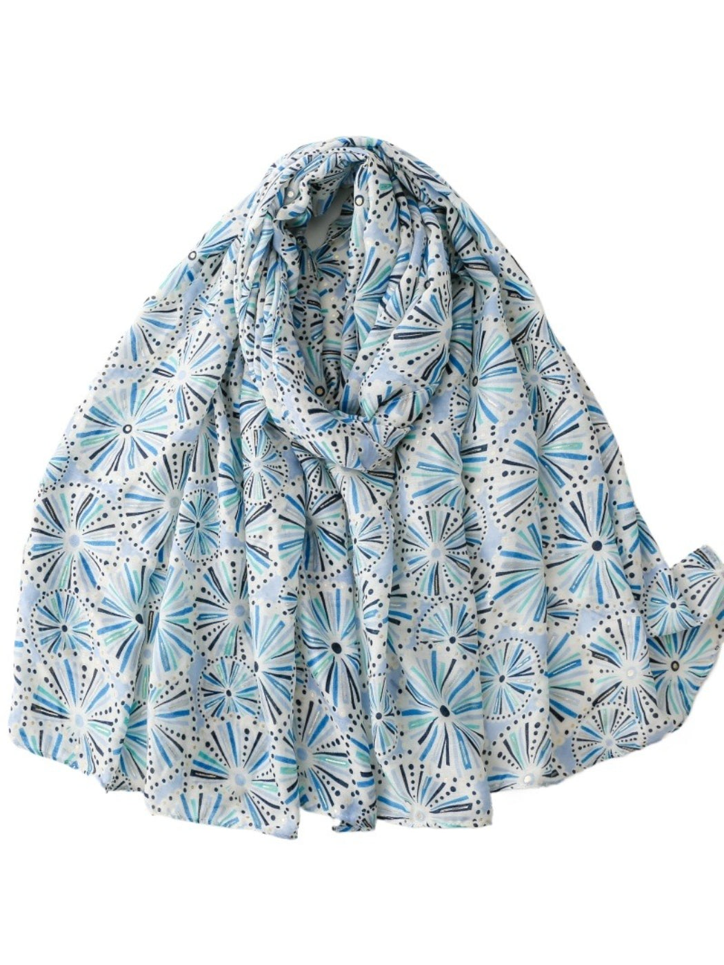 Scarvii scarf folded to display vibrant orange and brown flowers on cream fabric