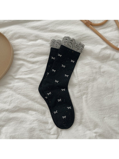 Rufia - Bow Pattern Ruffle Cuff Casual Crew Socks