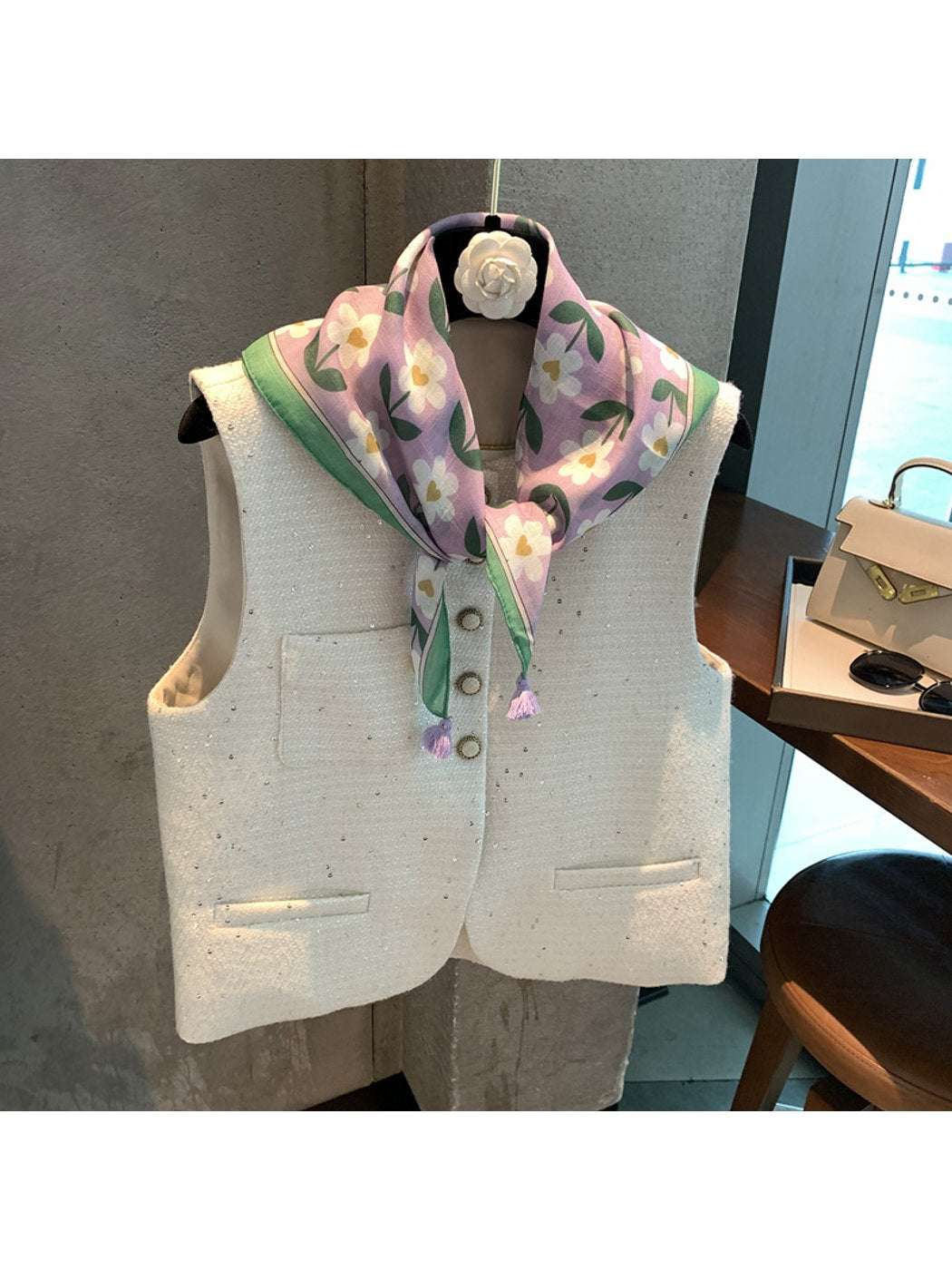 Scarvii - Plumeria Print Tassel Design Square Scarf