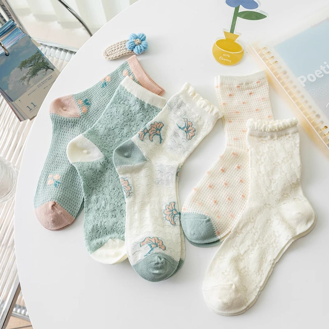 Rufia - Delicate Floral Mid-Calf Mesh Socks -Thin & Breathable