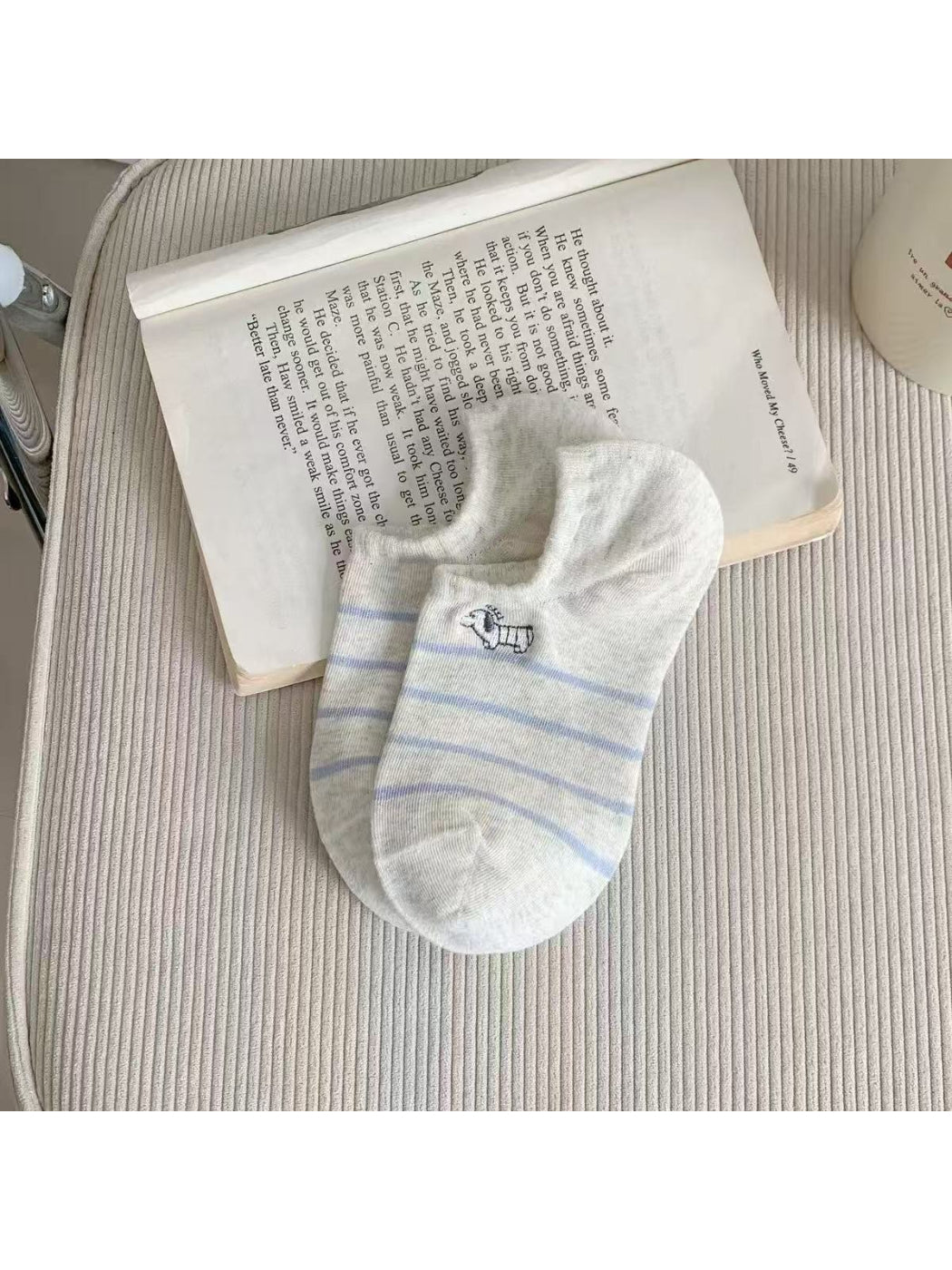 Rufia Dog Stripe No Show Socks worn with casual shoes showing low profile and dog stripe print