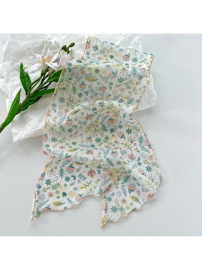 Scarvii - Romantic Floral Printed Ruffled Trim Scarf