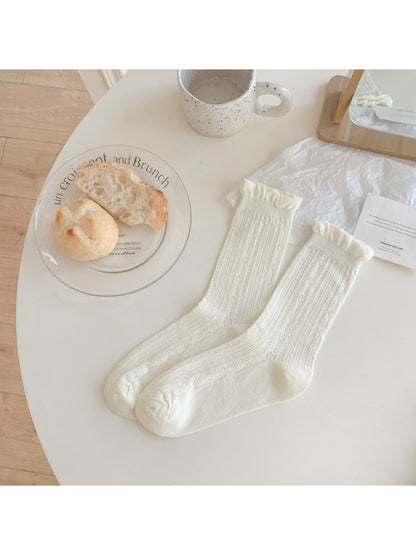 Rufia - Ruffled Cuff Hollow Out Mid Calf Socks