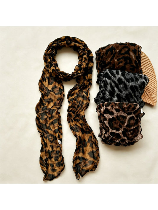 Scarvii - Vintage Leopard Print Pleated Fashion Scarf