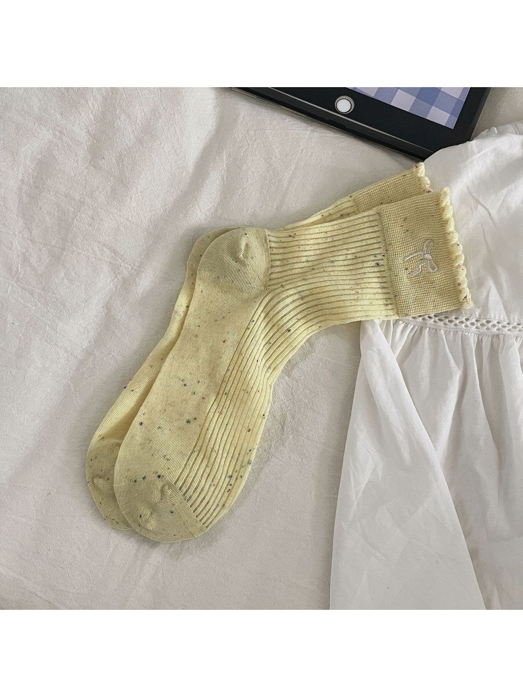 Rufia - Speckled Ribbed Bow Detail Casual Crew Socks